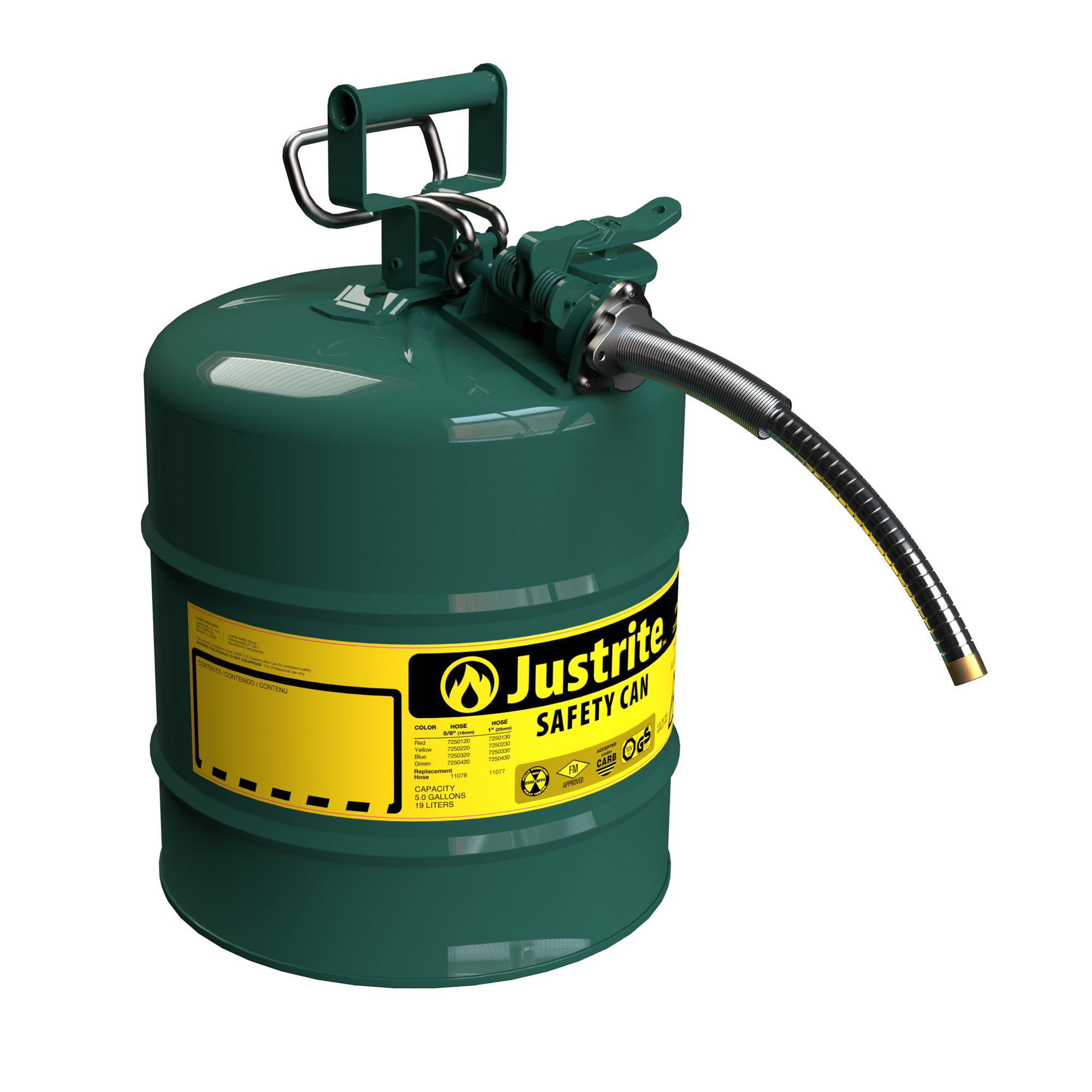 Justrite Type II AccuFlow Steel Safety Can — 5 Gallon, 9in. Metal Hose, Green, Model# 7250420